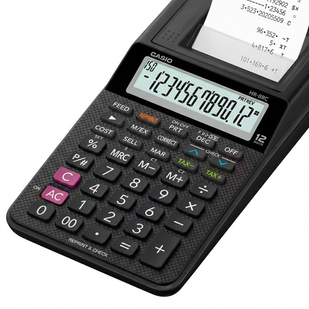 CALCULADORA CASIO HR 8 PAPEL 12DIG+FUENTE